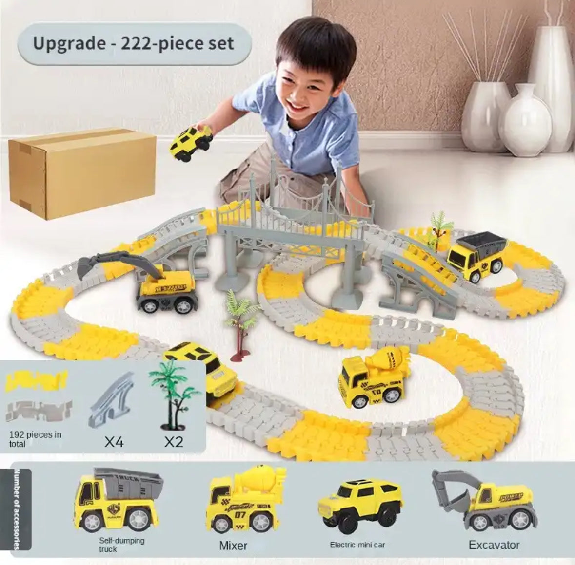 Melzano Pista de carreras de autos de obra flexible XXL - Set de juego flexible con vehículos de obra
