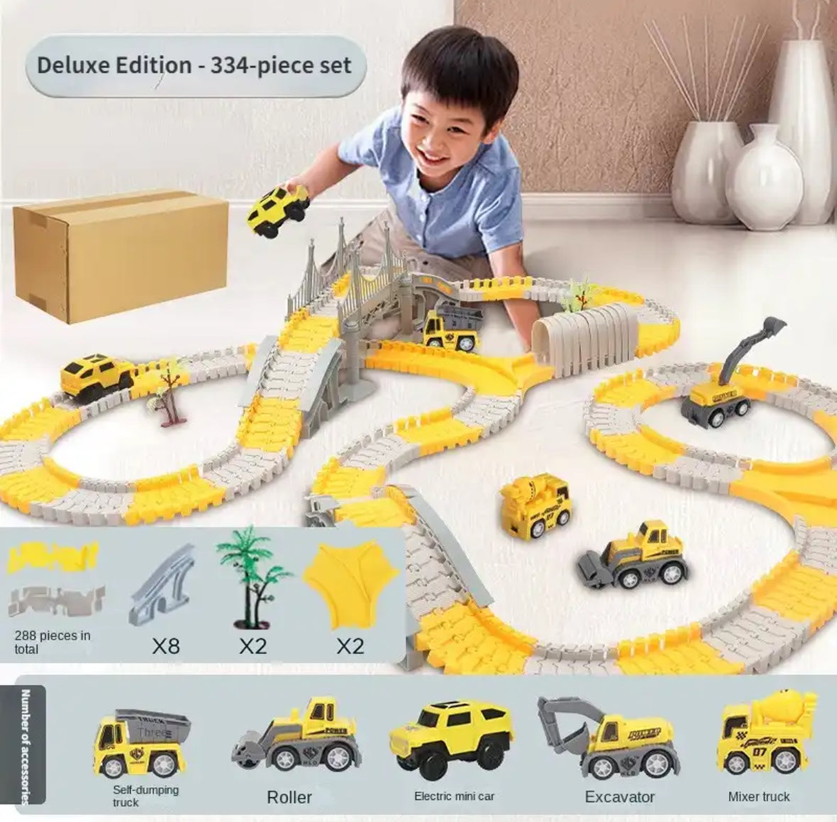 Melzano Pista de carreras de autos de obra flexible XXL - Set de juego flexible con vehículos de obra