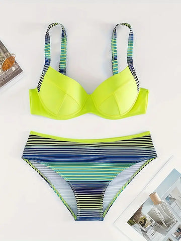Melzano Adi | Two-piece bikini set for women with neon green stripe pattern