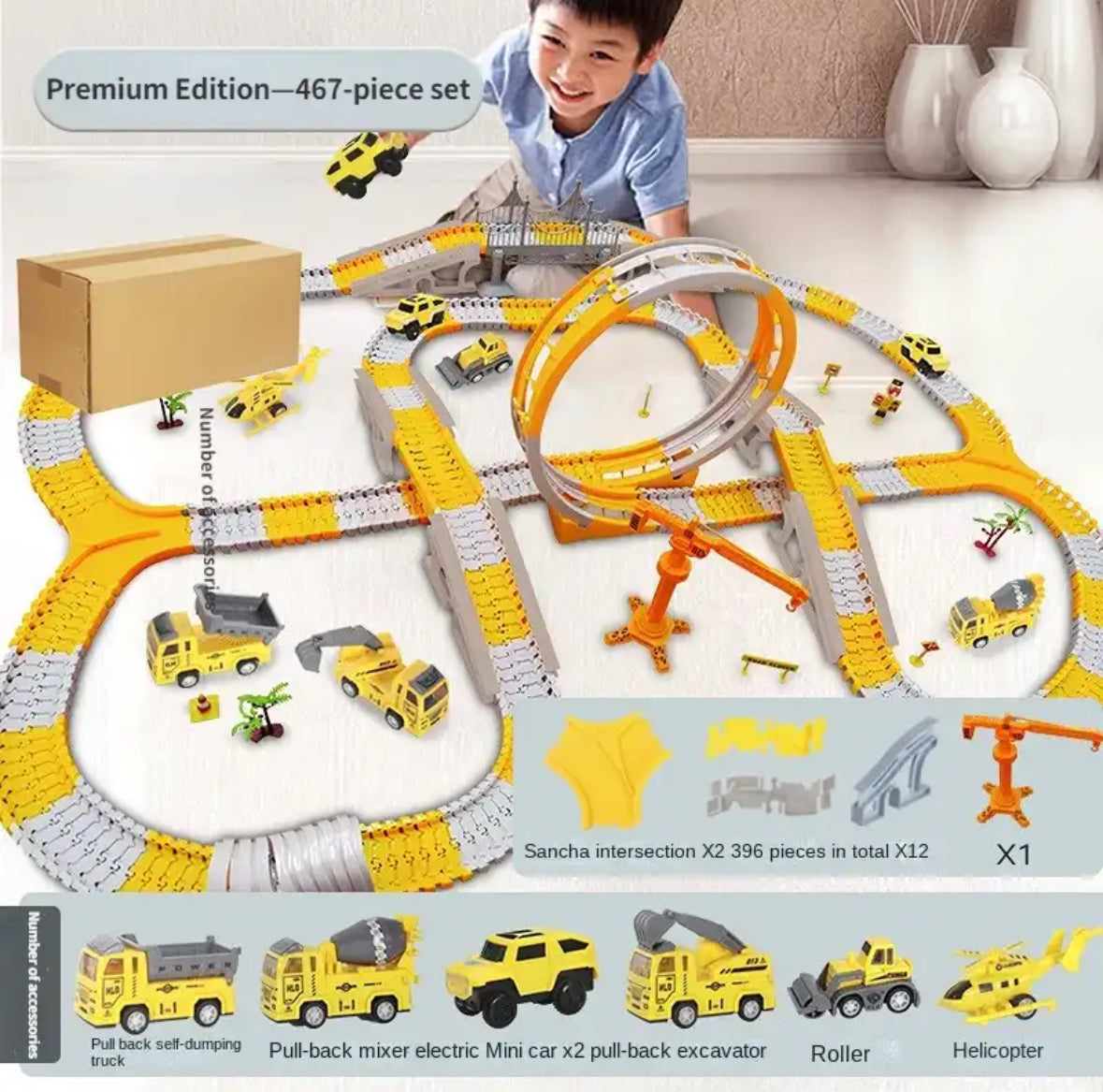 Melzano Pista de carreras de autos de obra flexible XXL - Set de juego flexible con vehículos de obra
