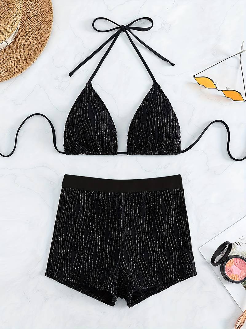 Melzano Alex Suit | Zwarte glitterbikini met halternektopje en hoog uitgesneden zwembroekje