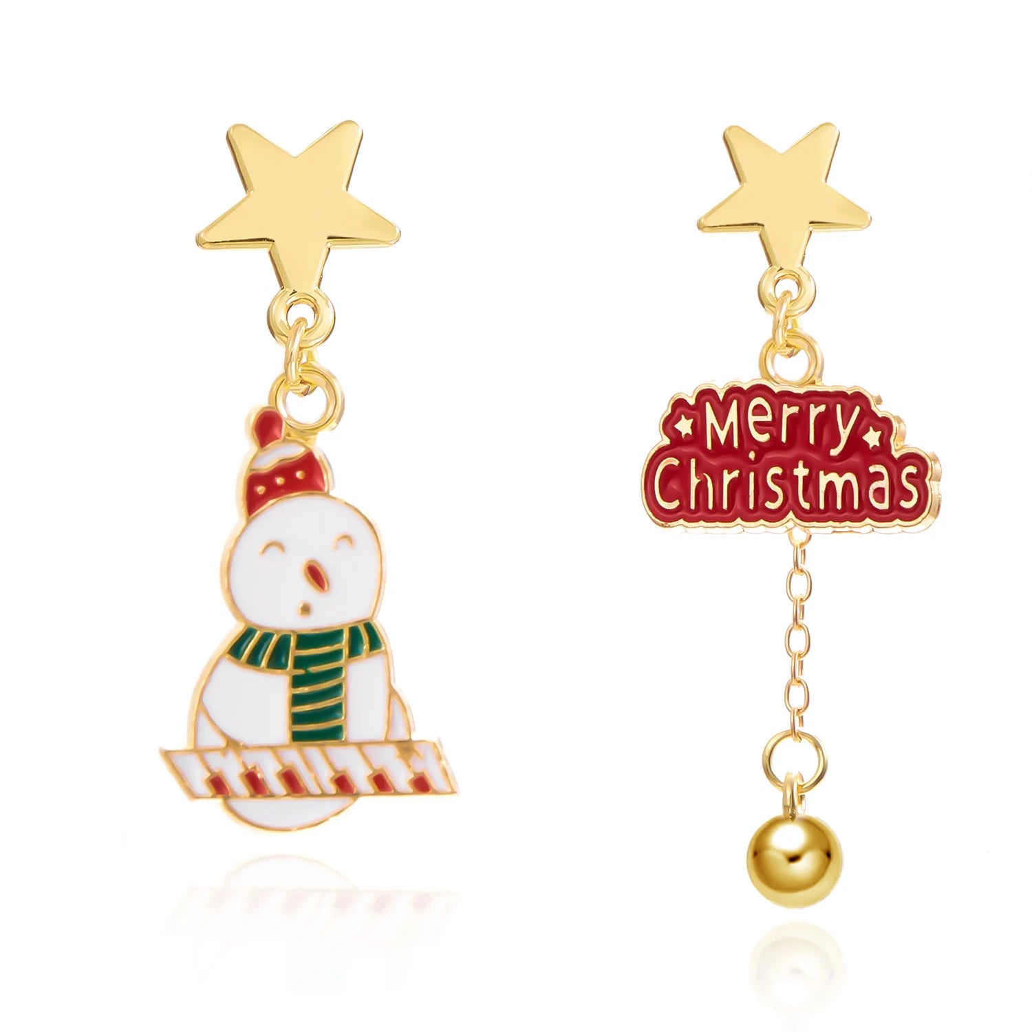 Pendentes de Nadal asimétricos Noevelyn con boneco de neve e lazo en vermello e branco, 5 cm