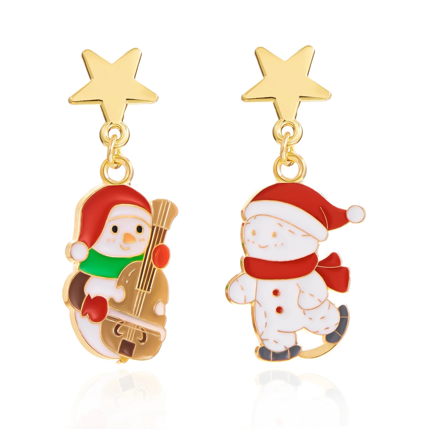 Pendentes de Nadal asimétricos Noevelyn con boneco de neve e lazo en vermello e branco, 5 cm