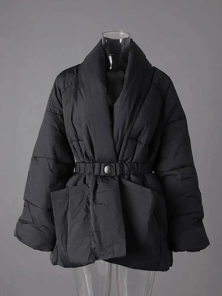 Brązowy Płaszcz Damski z Bawełny, Ciepły, Dekolt V, Duże Kieszenie 3