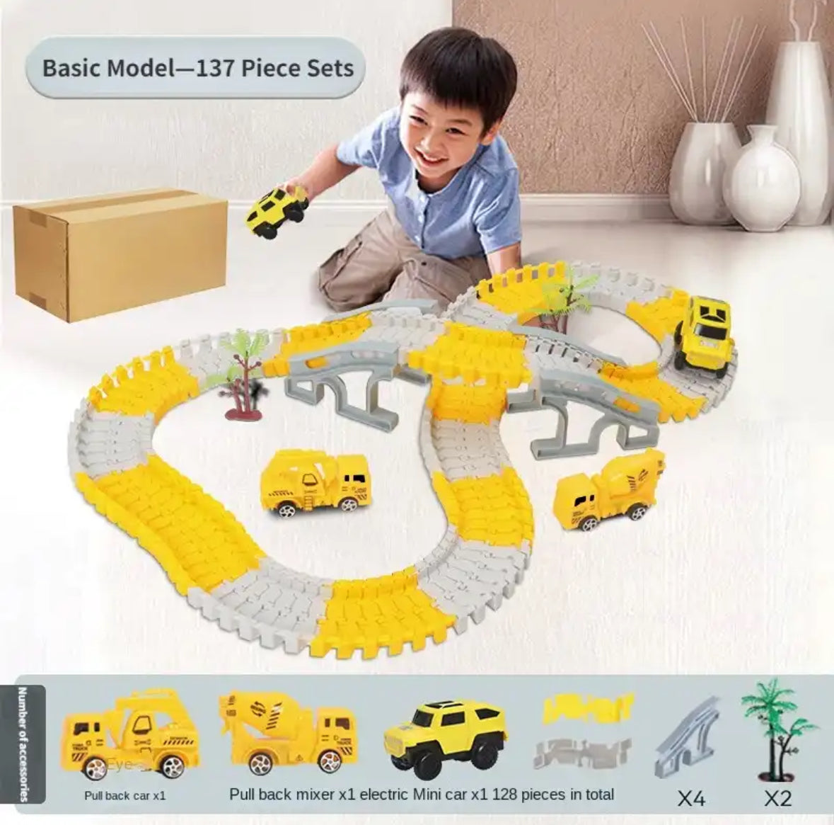Melzano Pista de carreras de autos de obra flexible XXL - Set de juego flexible con vehículos de obra