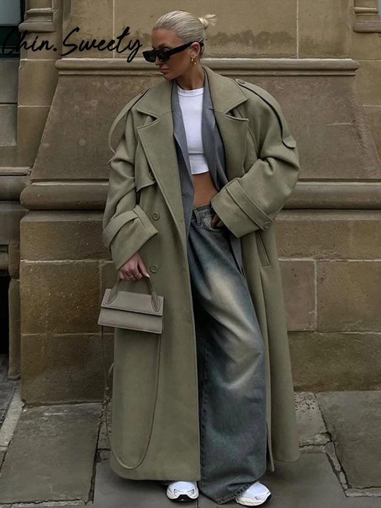 Damski długi płaszcz dwurzędowy z paskiem na jesień i zimę 0