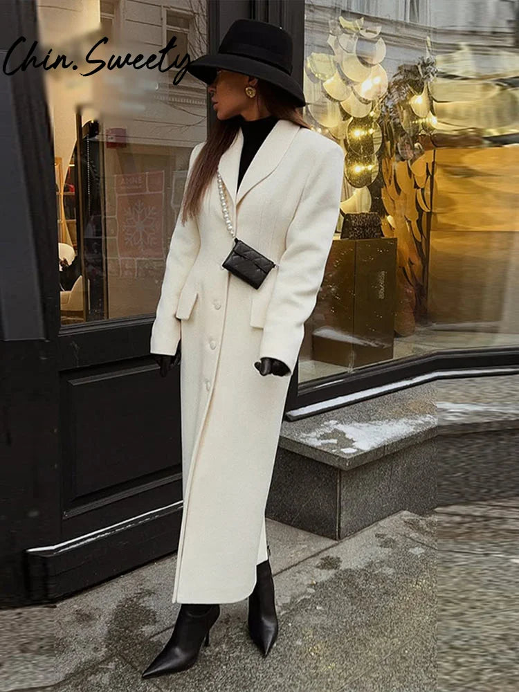 Długi Płaszcz Damski Wełniany z Klapami, Elegancki, Idealny na Jesień i Zimę 0