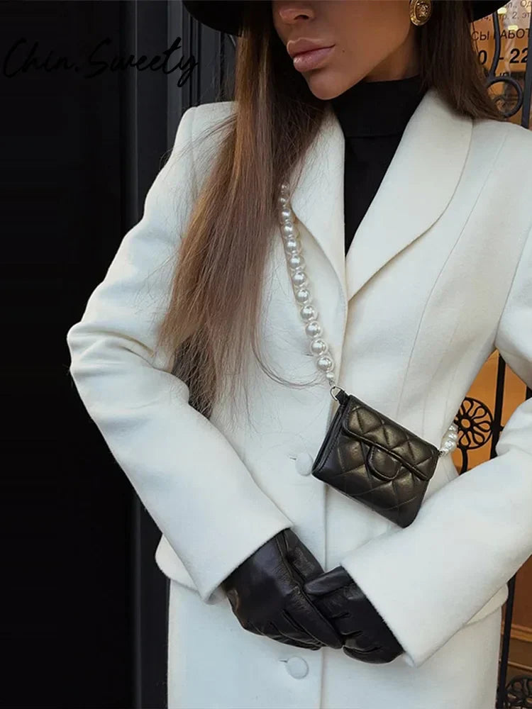 Długi Płaszcz Damski Wełniany z Klapami, Elegancki, Idealny na Jesień i Zimę 2