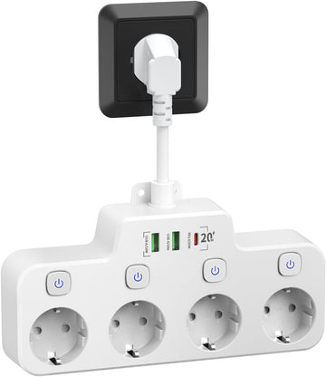 Draaibare stekkerdoos - Wandmontage Stekkerdoos met Onafhankelijke Schakelaar - 2 USB A En 1 USB C