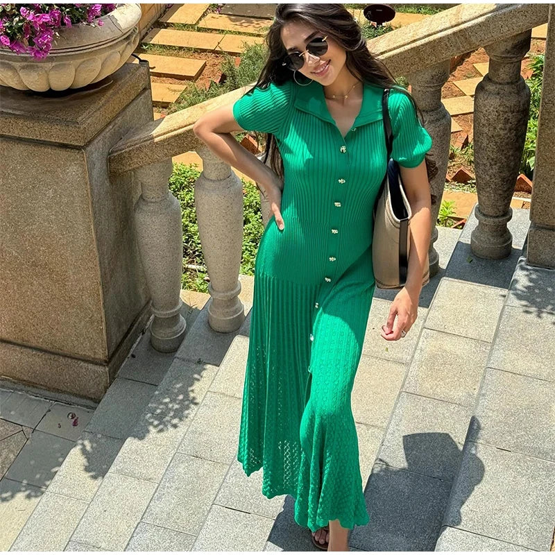 Elegancka Sukienka na Wesele z Dzianiny, Krótki Rękaw, Wysoka Talia 8