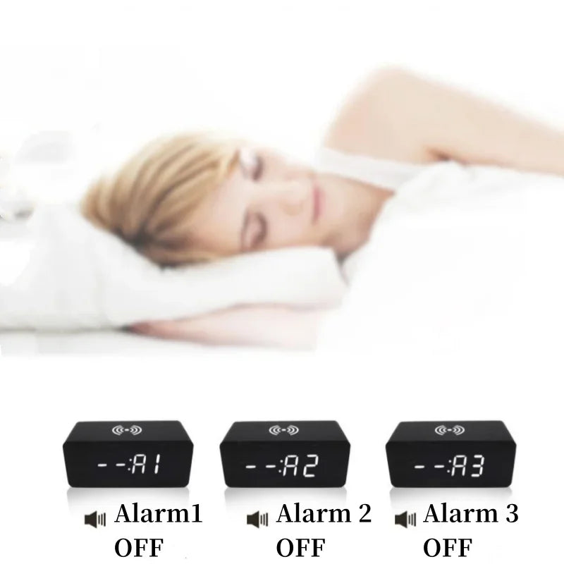 Woodline – Rellotge digital de fusta càrrega sense fils i 3 alarmes – dormitori