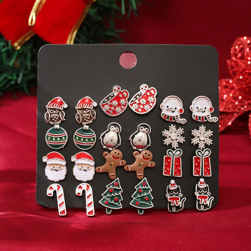 Conxunto de pendentes de Nadal Noelevé para mulleres con 6 pares de circonias brillantes e deseños festivos