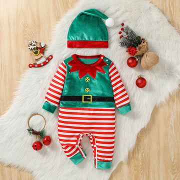 Kerst baby jumpsuit set voor jongens en meisjes met hoed 0