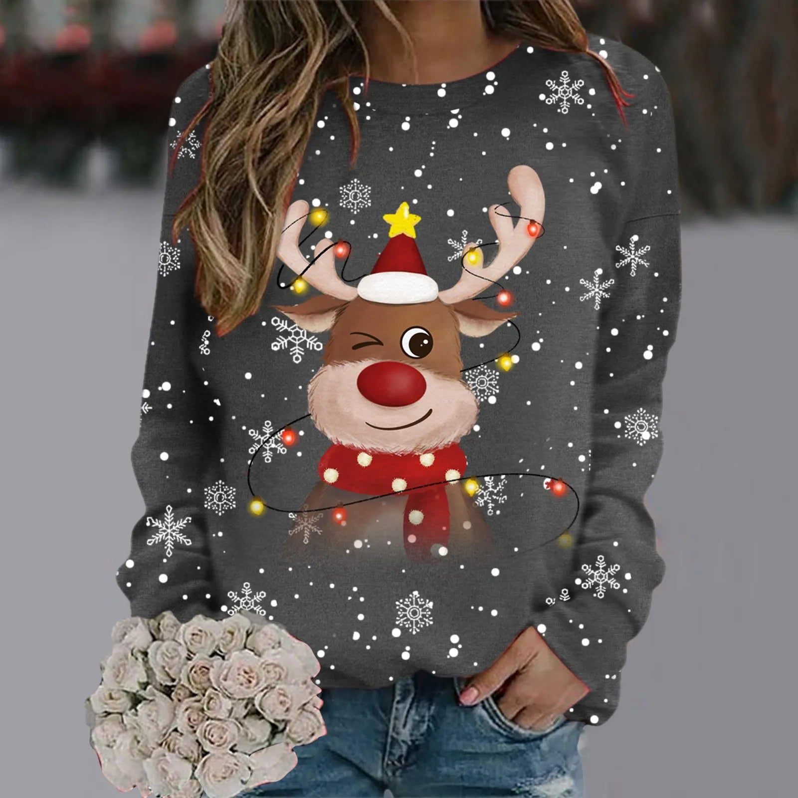 Kersttrui Dames 3D Sneeuwvlokken en Rendierhoofden, Comfortabele Pasvorm, 100% Polyester 0