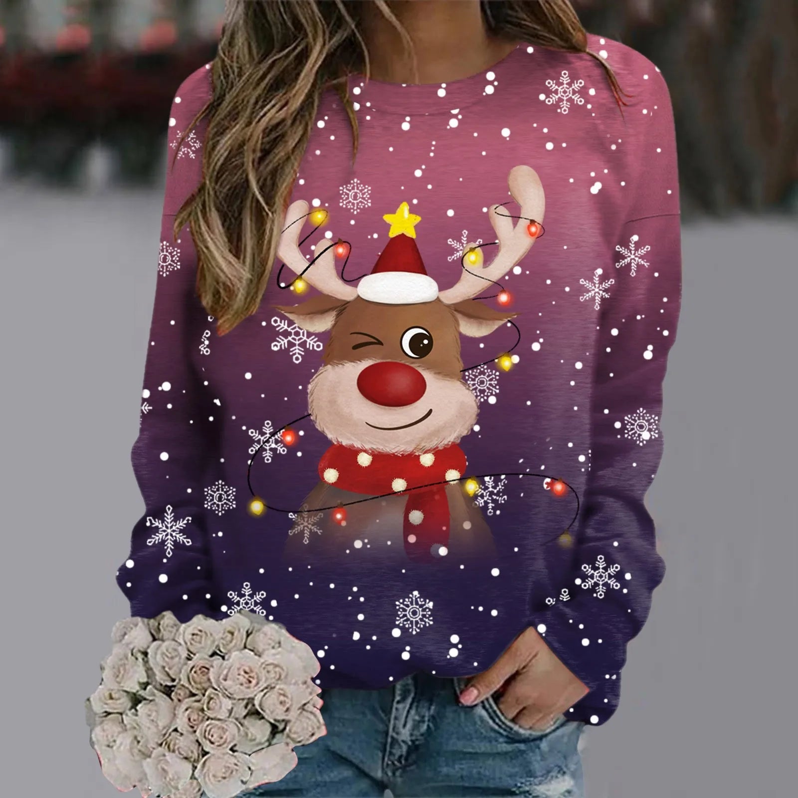 Kersttrui Dames 3D Sneeuwvlokken en Rendierhoofden, Comfortabele Pasvorm, 100% Polyester 8