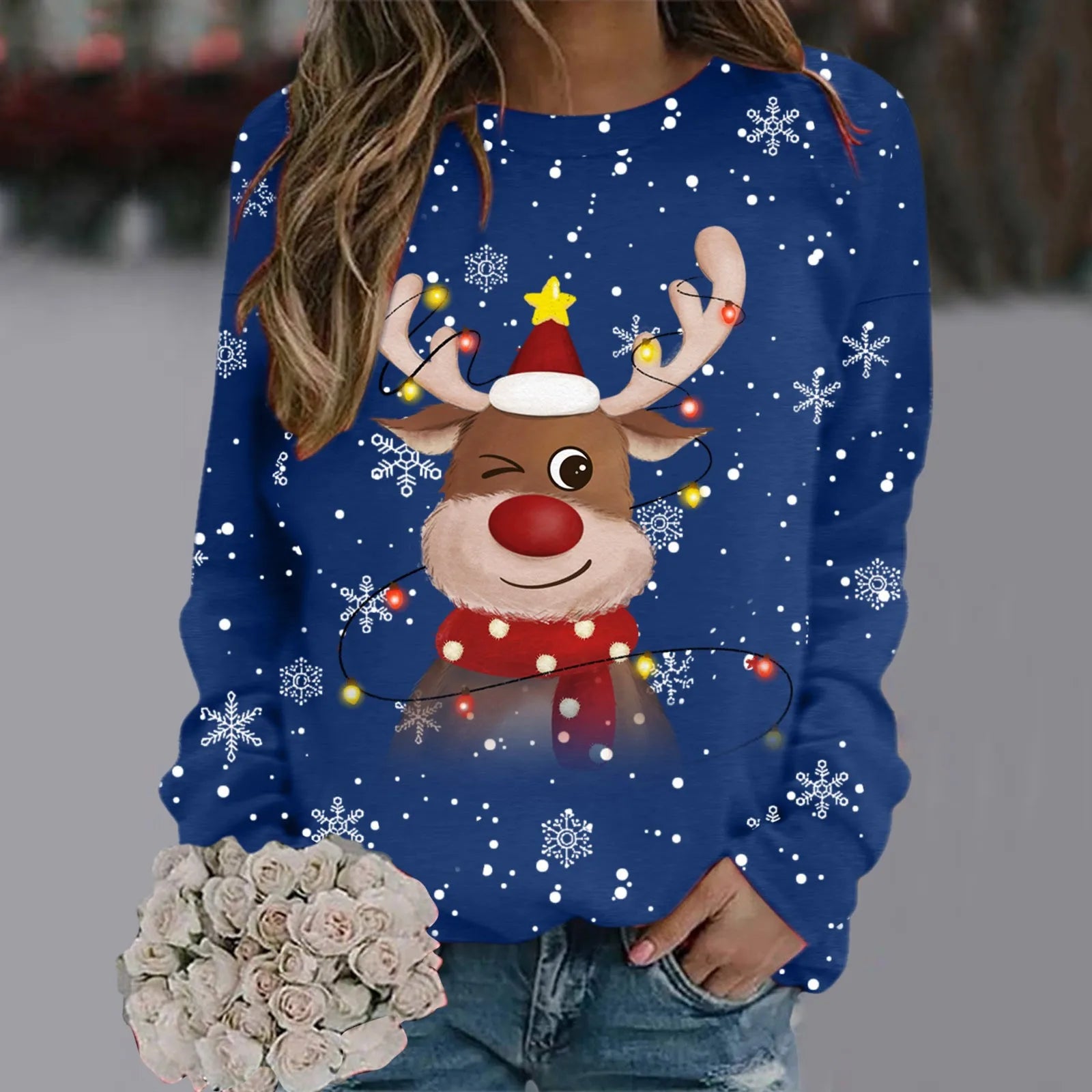 Kersttrui Dames 3D Sneeuwvlokken en Rendierhoofden, Comfortabele Pasvorm, 100% Polyester 9