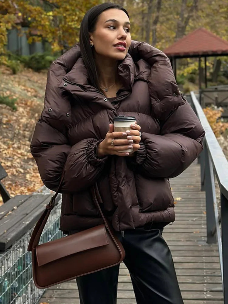 Kurtka Zimowa Damska z Kapturem, Luźna, Z Kieszeniami, Poliester, Jesień/Zima 2