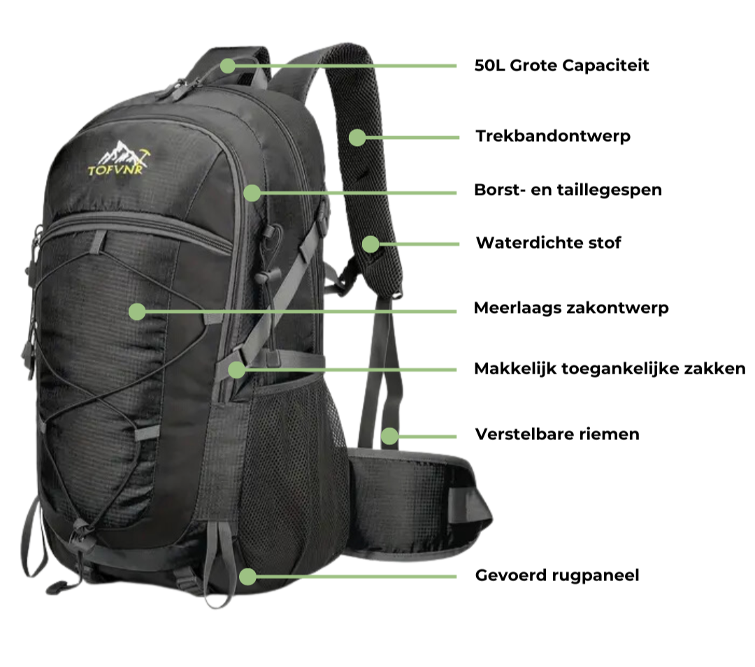 Motxilla de senderisme VestraGear 50L – Resistència a l'aigua i lleugera