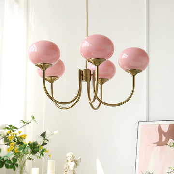 Lluminària de sostre Marshmallow | Llum de sostre daurada amb pantalles de vidre rosa
