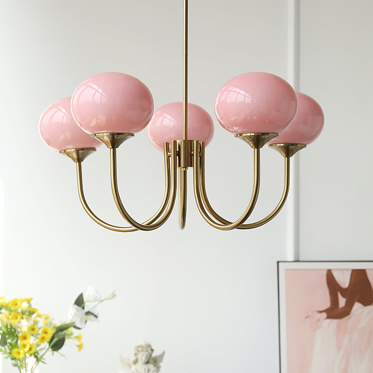 Lluminària de sostre Marshmallow | Llum de sostre daurada amb pantalles de vidre rosa