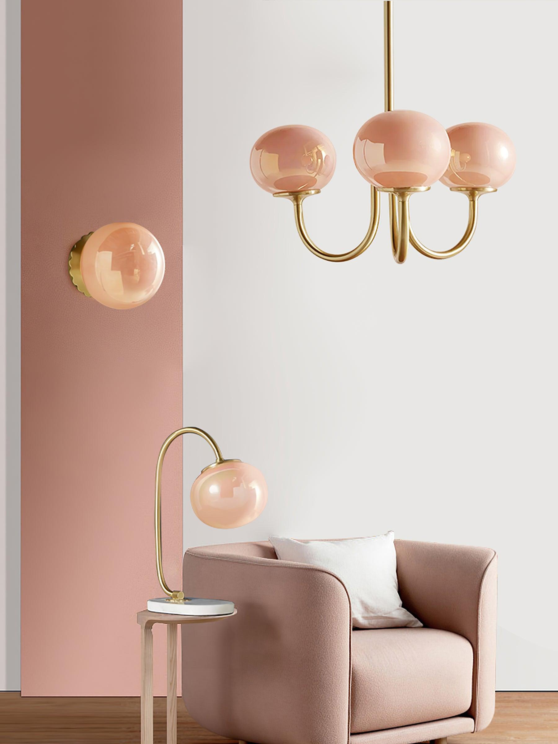 Lluminària de sostre Marshmallow | Llum de sostre daurada amb pantalles de vidre rosa