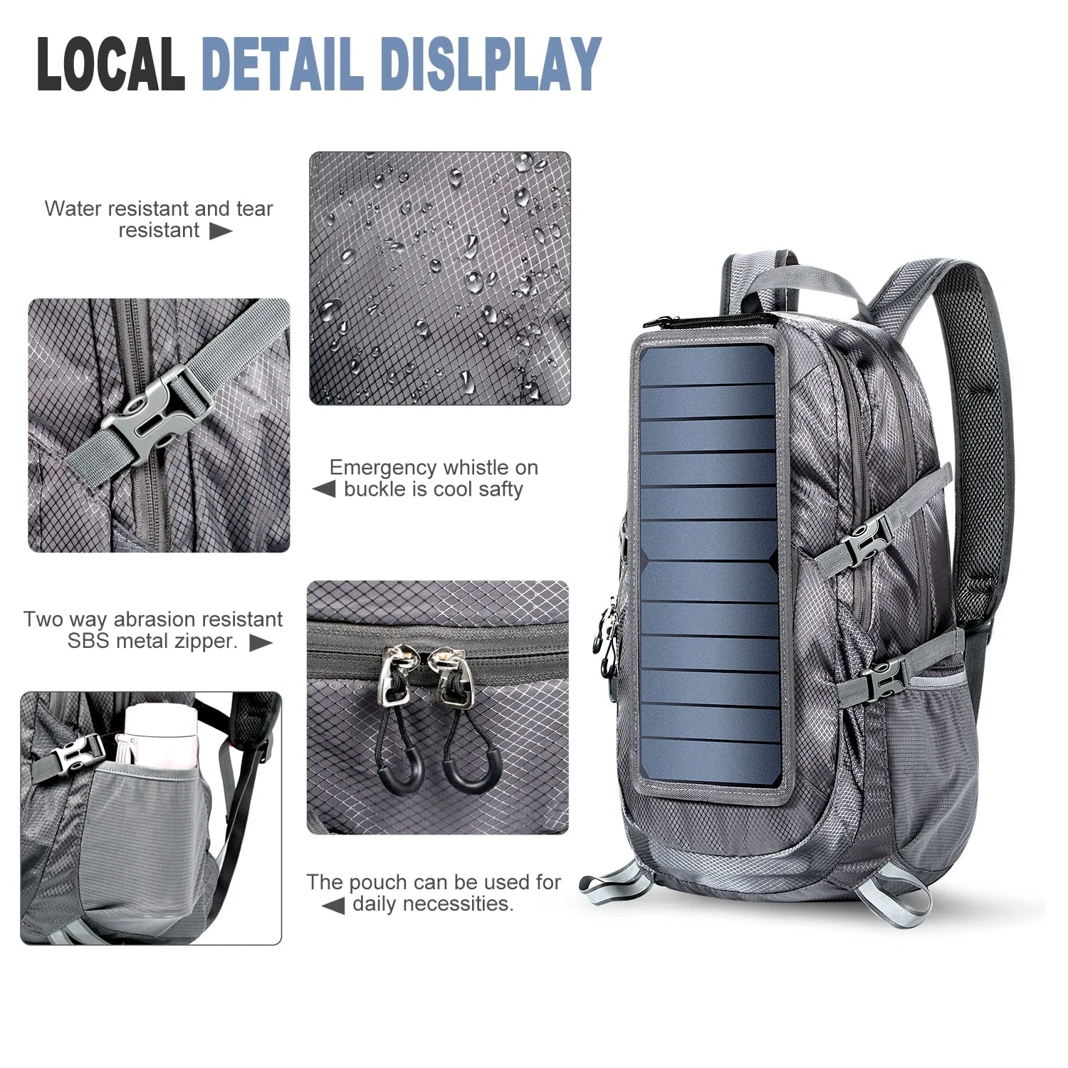 Motxilla d'energia solar – 30L lleugera i resistent a l'aigua amb USB