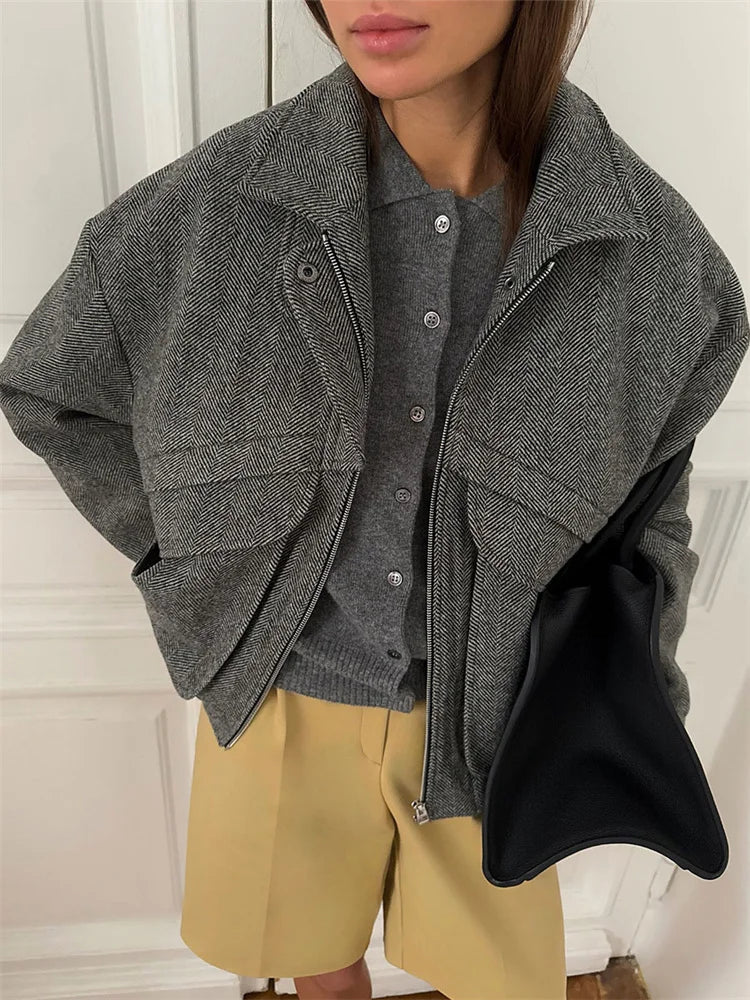 Stylowa Szara Kurtka Damska z Zamkiem Błyskawicznym, Luźny Fason, Na Jesień 1