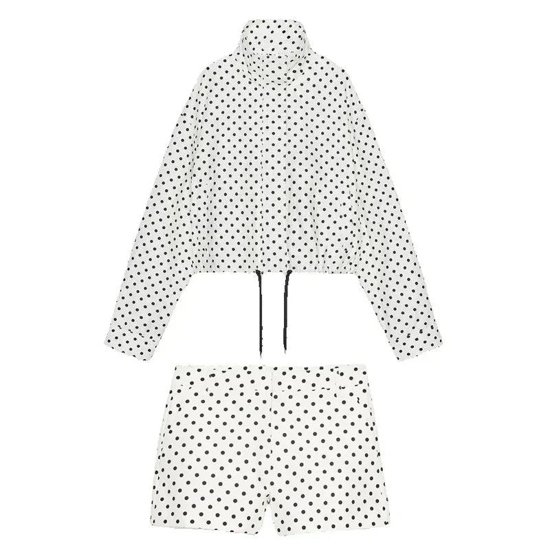 Stylowy Zestaw Damski w Kropki: Kurtka ze Stójką i Spodenki z Wysokim Stanem, Casual, Elegancki 6