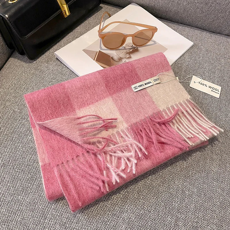 Bufanda Wolvéra para mulleres – 100% la con patrón de taboleiro de damas, quente e luxosa para o inverno