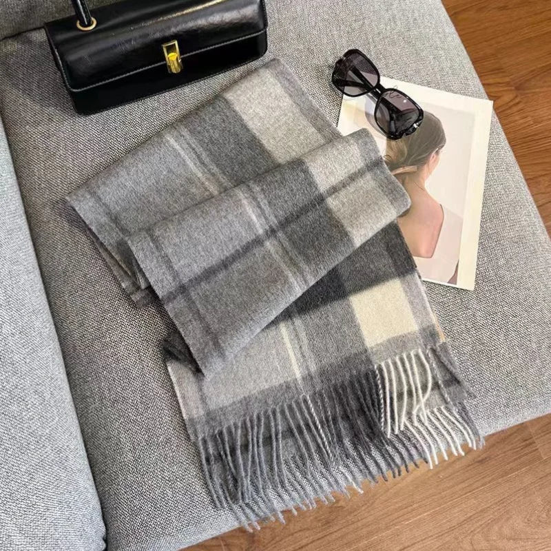 Bufanda Wolvéra para mulleres – 100% la con patrón de taboleiro de damas, quente e luxosa para o inverno
