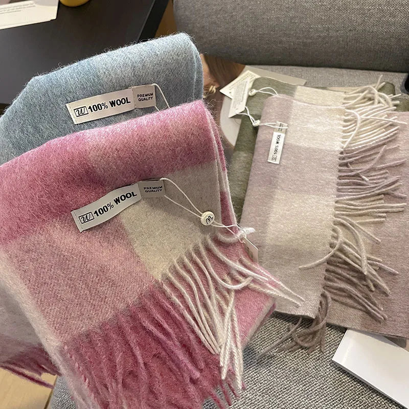 Bufanda Wolvéra para mulleres – 100% la con patrón de taboleiro de damas, quente e luxosa para o inverno