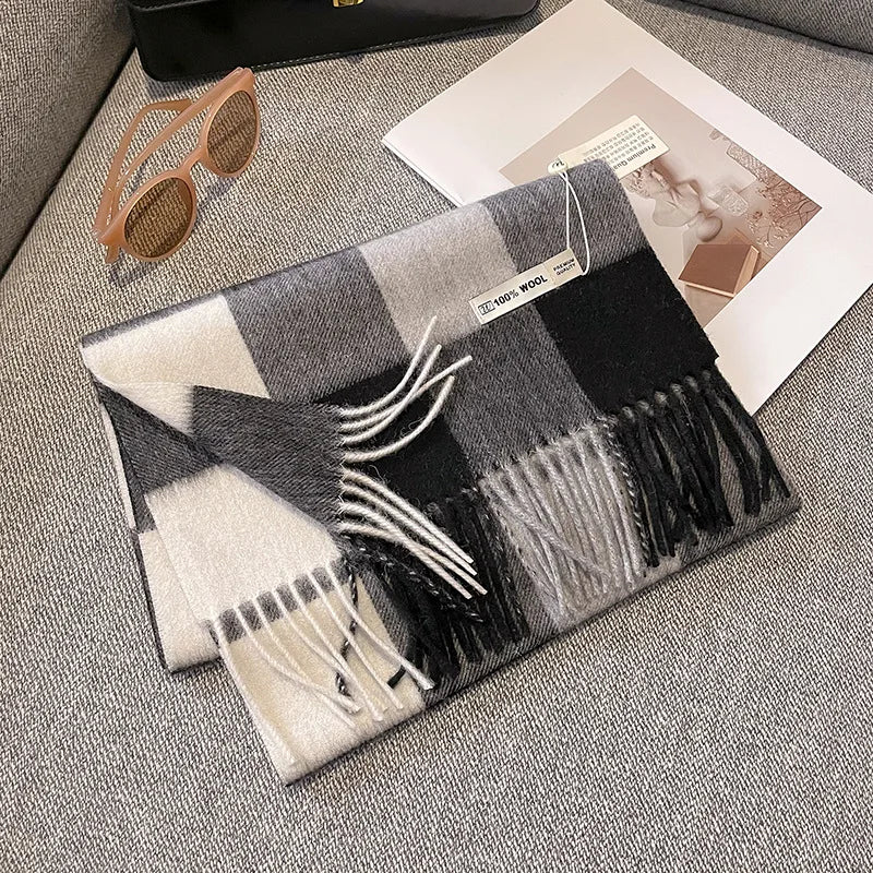 Bufanda Wolvéra para mulleres – 100% la con patrón de taboleiro de damas, quente e luxosa para o inverno