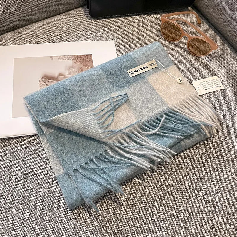 Bufanda Wolvéra para mulleres – 100% la con patrón de taboleiro de damas, quente e luxosa para o inverno