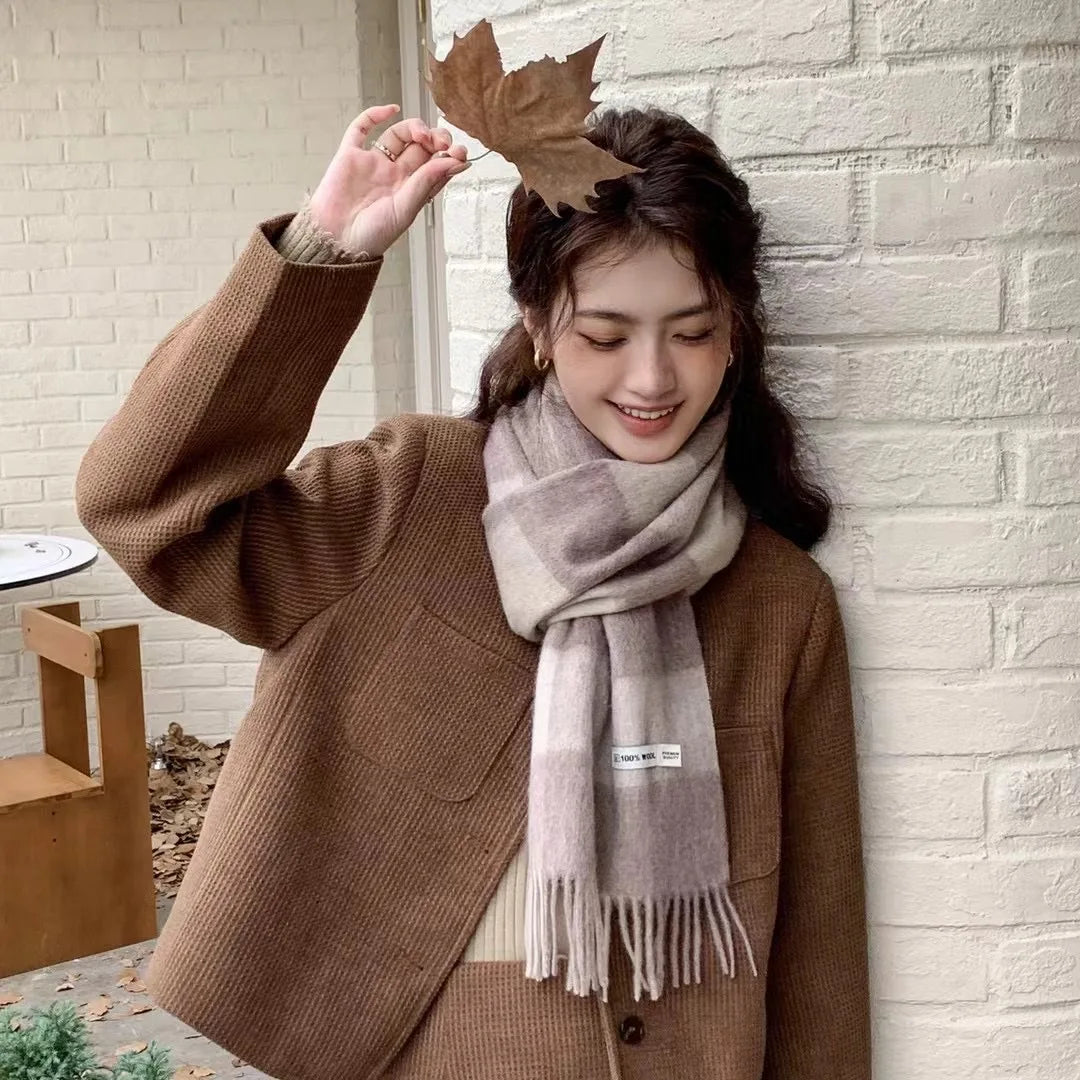 Bufanda Wolvéra para mulleres – 100% la con patrón de taboleiro de damas, quente e luxosa para o inverno