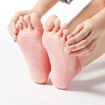 Mitjons de pilates per a dones de cotó amb antilliscant i cinc compartiments per als dits dels peus