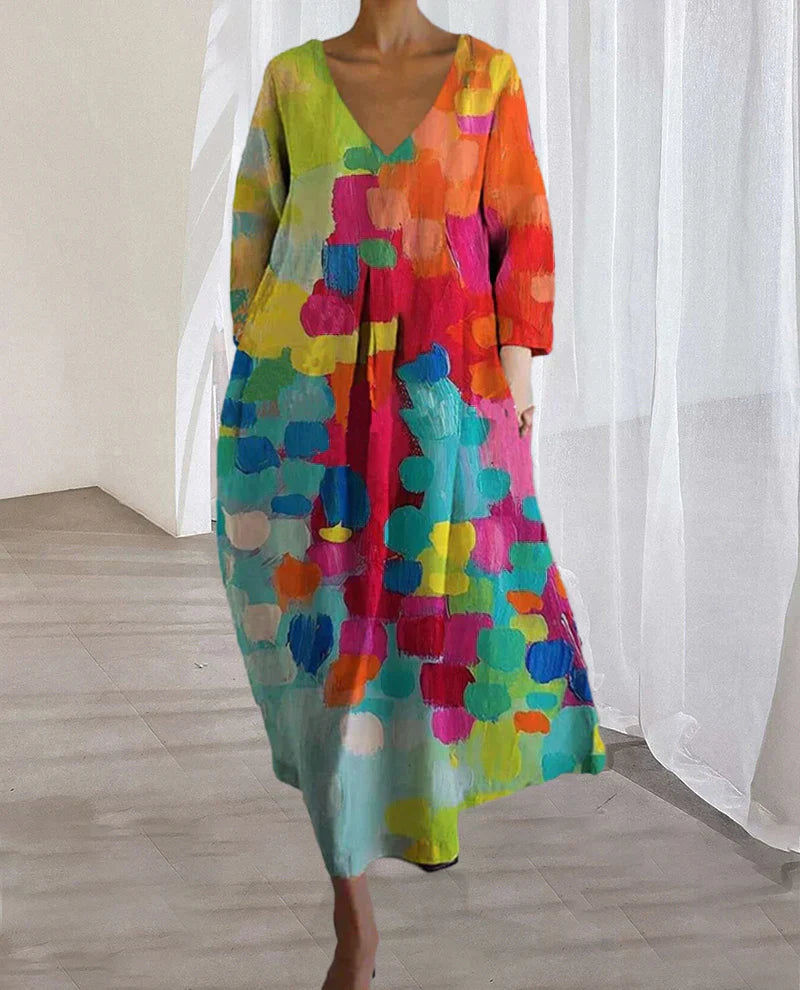 Lunaria – Vestit de dona de lli acolorit estampat – estiu i temps lliure