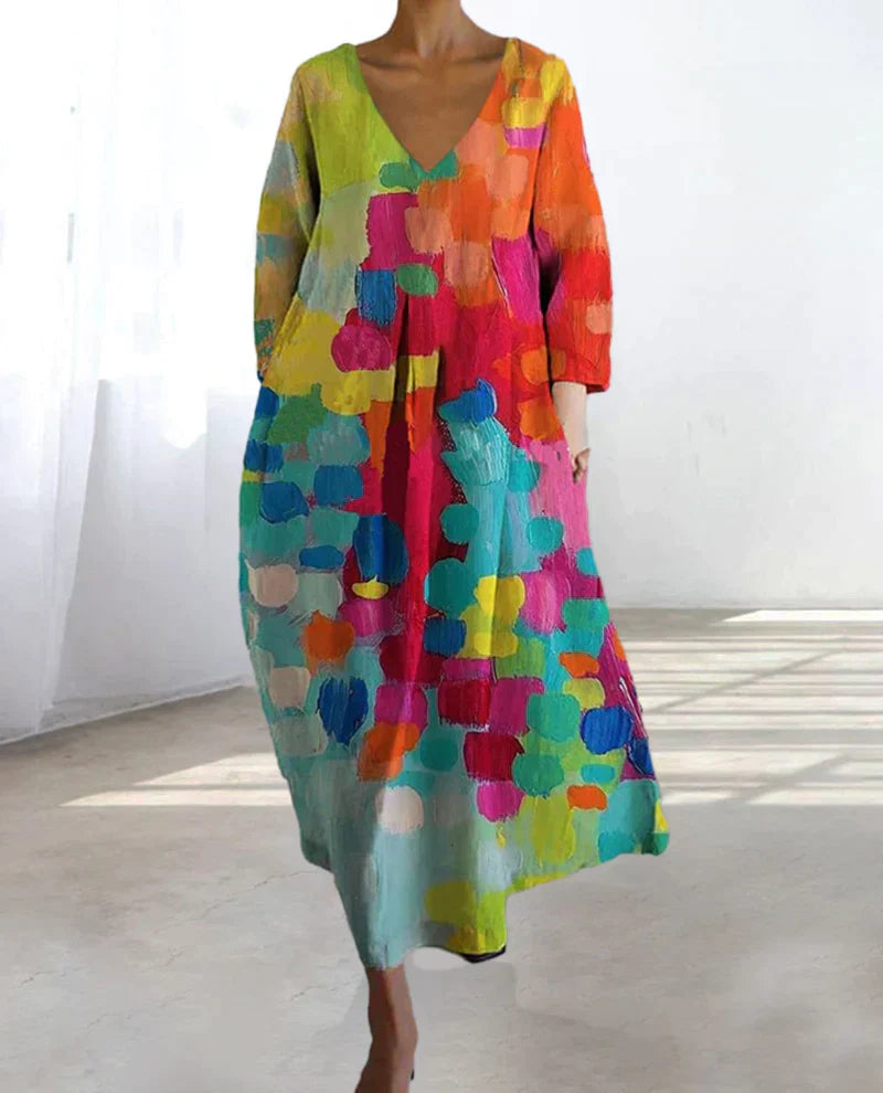 Lunaria – Vestit de dona de lli acolorit estampat – estiu i temps lliure