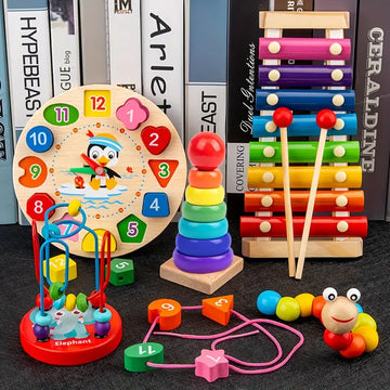 Eduquest Montessori 5-in-1 Houten Speelset – Motoriek & Muziek vanaf 6M+