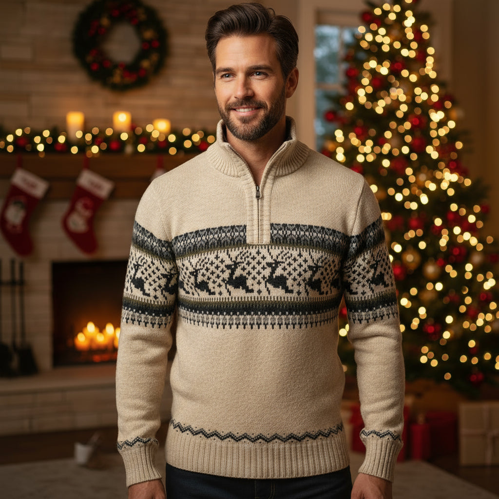 Xersei de inverno nórdico para homes – Xersei cálido de punto con cremallera media e patrón escandinavo de reno