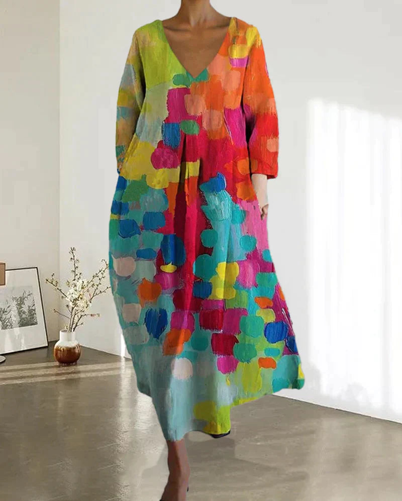 Lunaria – Vestit de dona de lli acolorit estampat – estiu i temps lliure