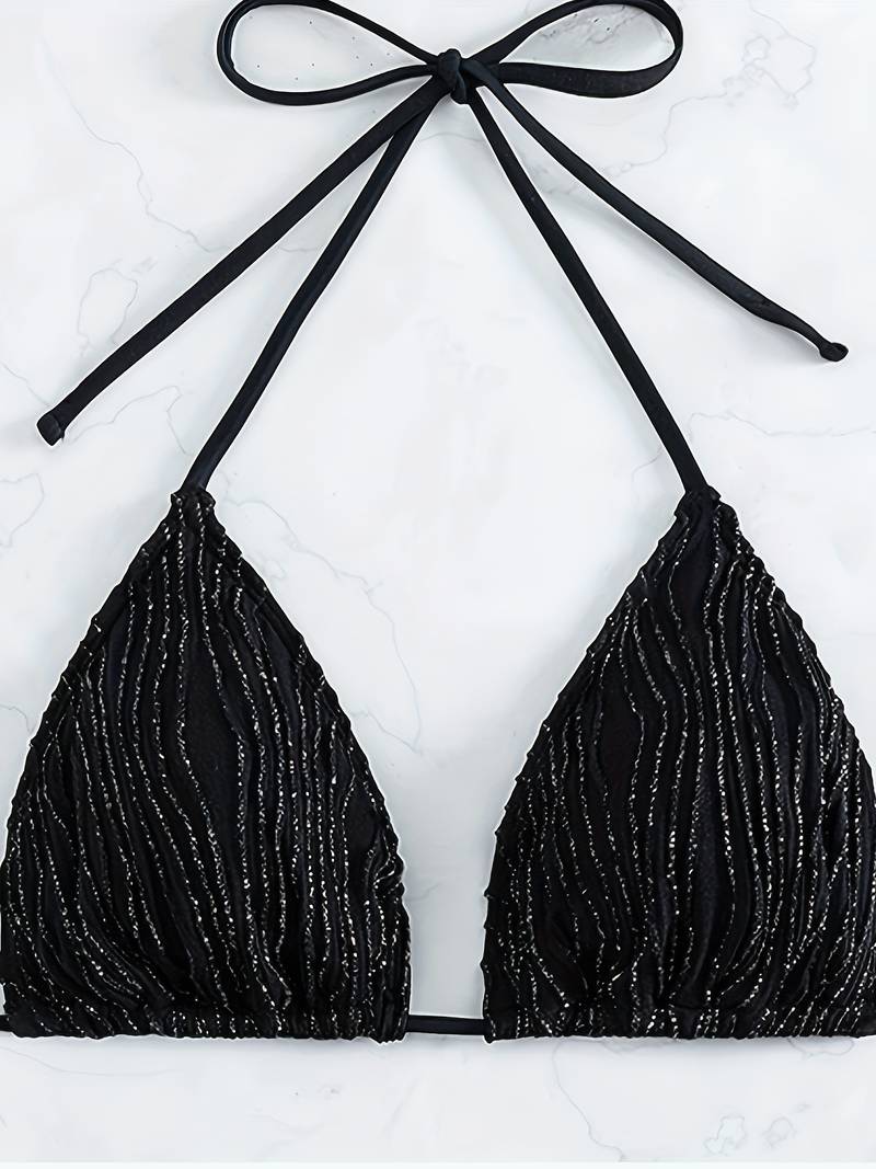 Melzano Alex Suit | Zwarte glitterbikini met halternektopje en hoog uitgesneden zwembroekje