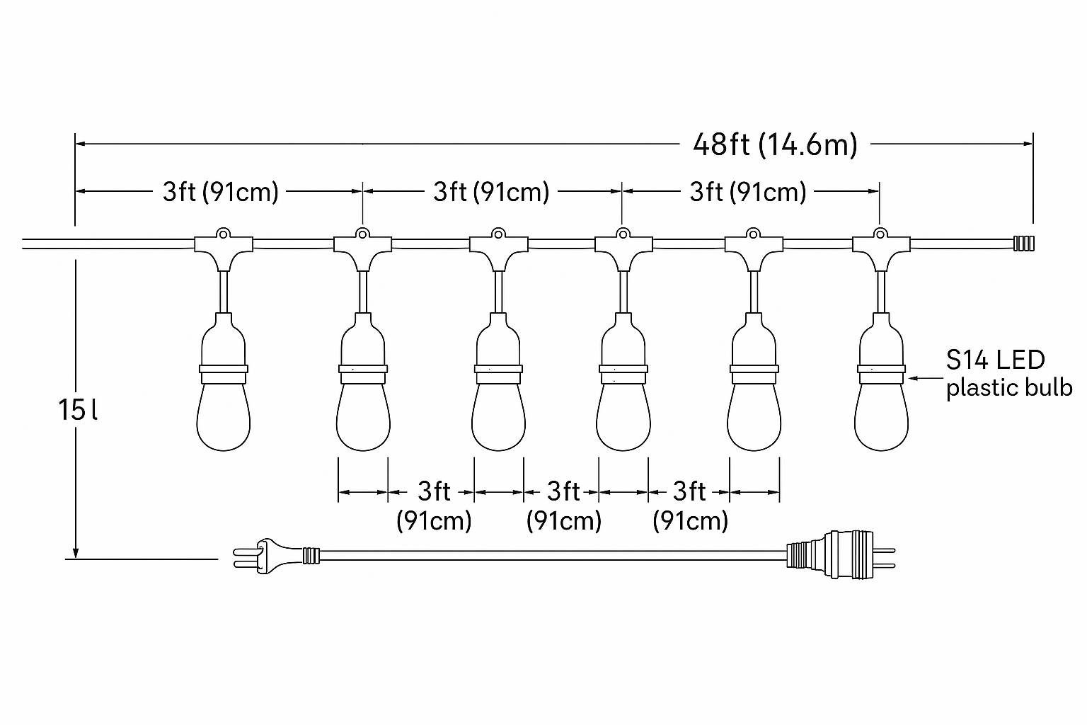 Festelio – Il·luminació de festa de jardí de 48FT amb 15 llums LED – IP65 impermeable