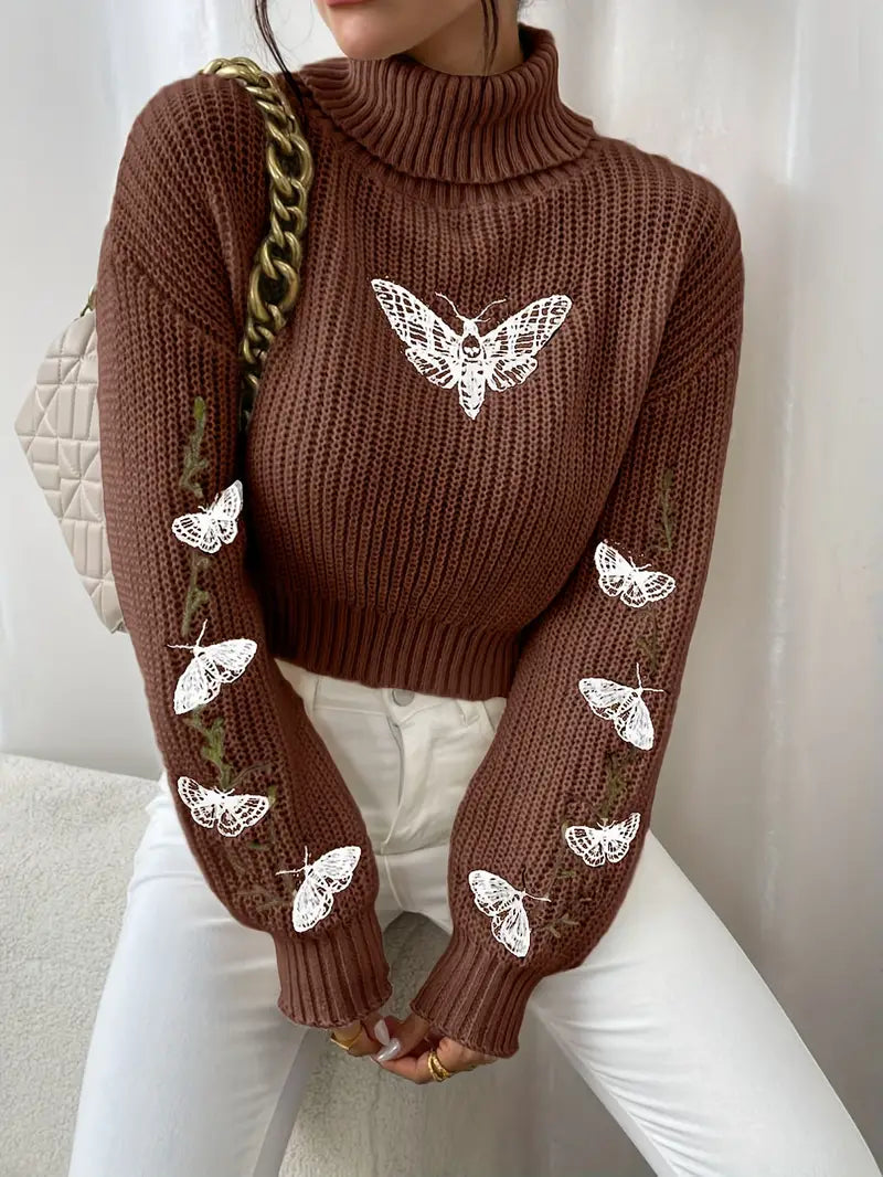 Series Sweater with Butterfly Pattern and High Neck | Elegant Women's Fashion
