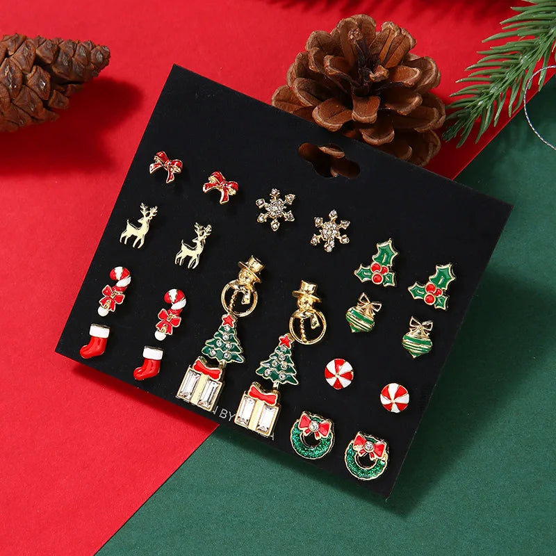 JollyGems – Set of 12 Christmas Earrings with Reindeer & Bell Design