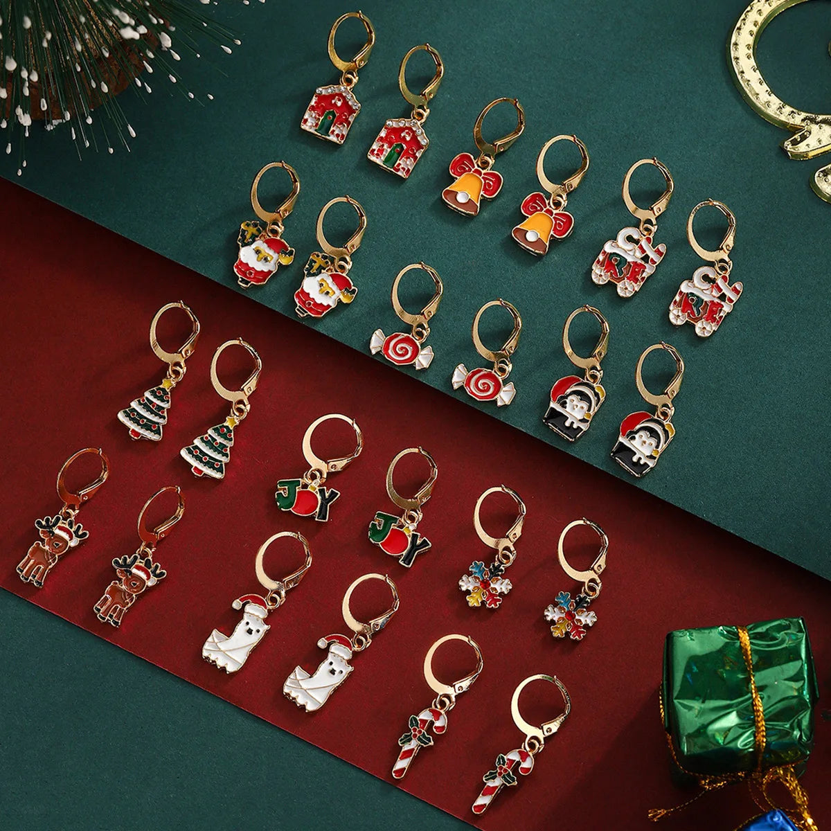 JollyGems – Set of 12 Christmas Earrings with Reindeer & Bell Design