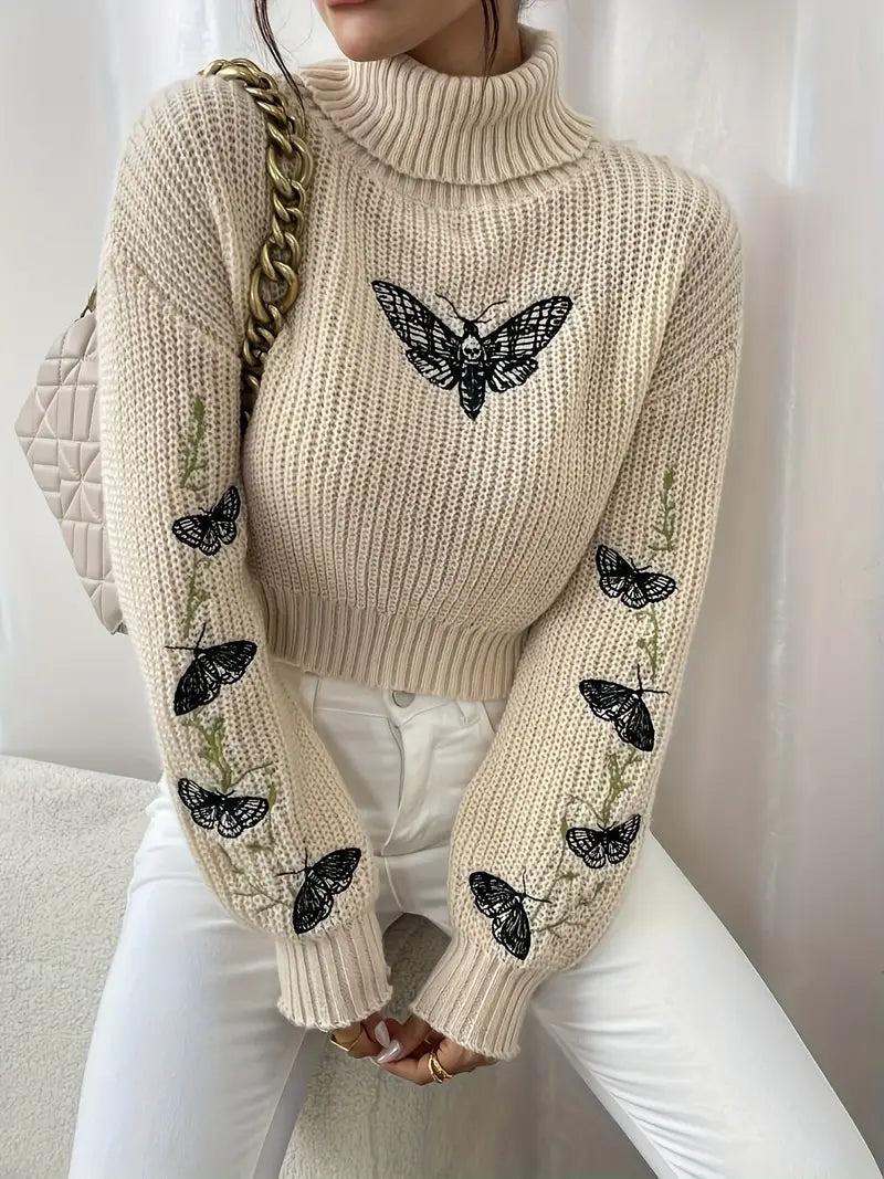 Series Sweater with Butterfly Pattern and High Neck | Elegant Women's Fashion
