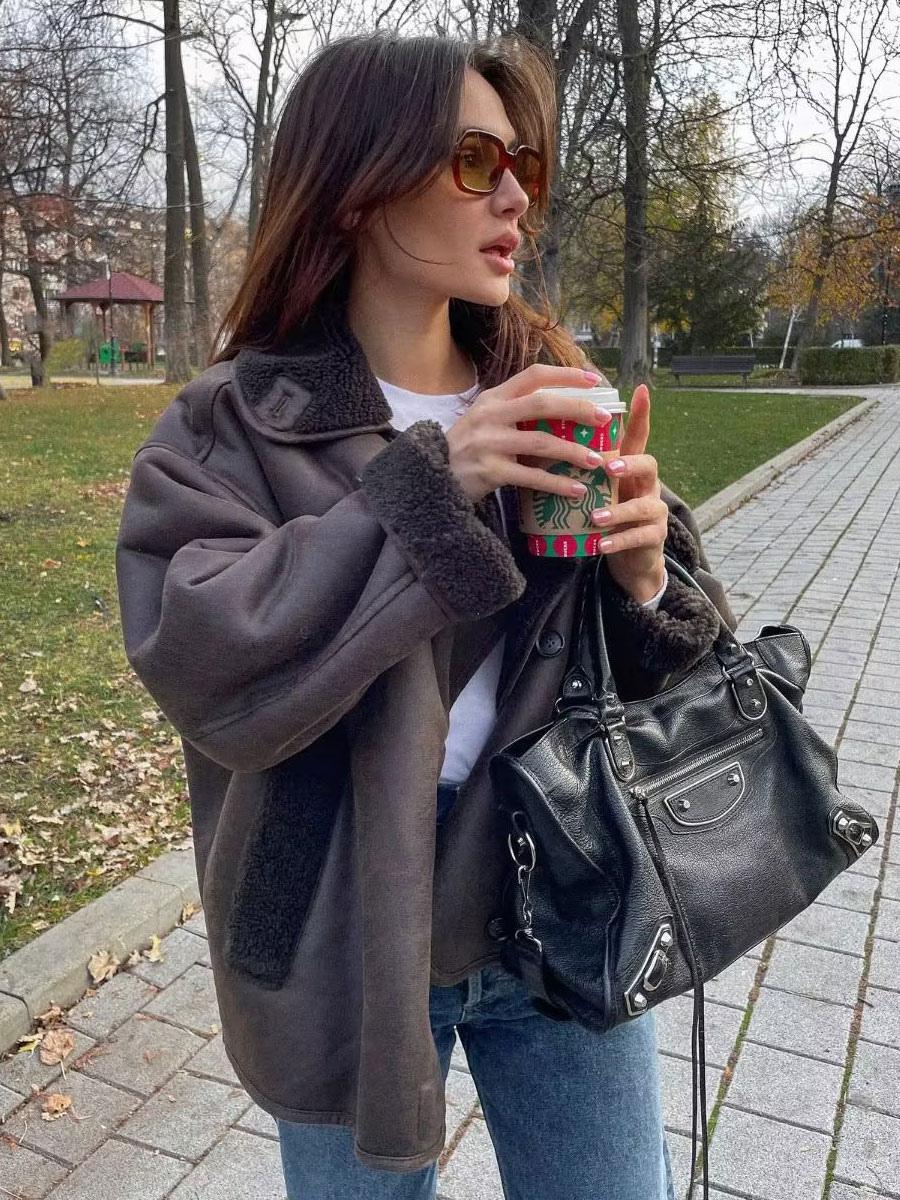 Amy bruine leren jas met fleece voering – vintage stijl & warmte