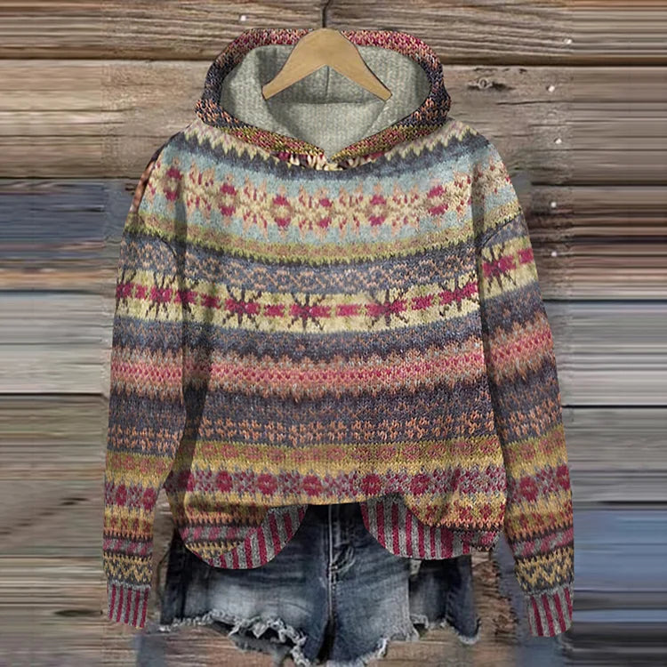 Norvesta – Dames Gebreide Hoodie met Noors Patroon en Capuchon