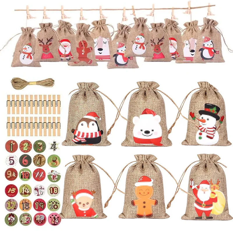 HollyTime – Advent Calendar Set 24 Gift Bags & Stickers – Reusable