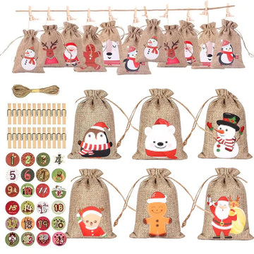 HollyTime – Advent Calendar Set 24 Gift Bags & Stickers – Reusable